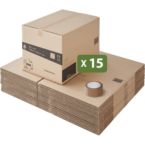 Pack and Move - Lot 15 cartons déménagement hauteur modubale : variable et personnalisable - 60 x 45 x 31-41 cm - Poignées renforcées - 1 adhésif offert (1/5)
