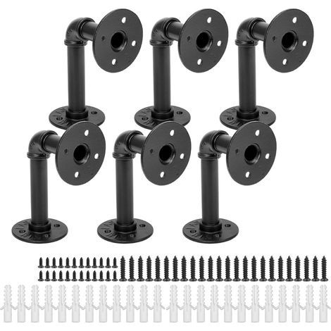 6 x Industrial Vintage Industrial Pipe Wall Bracket with Flanges 15 x 10 x 8.5 cm for Bookcase, DIY Furniture, Hanging, Floating Wall Shelf, Black (1/5)