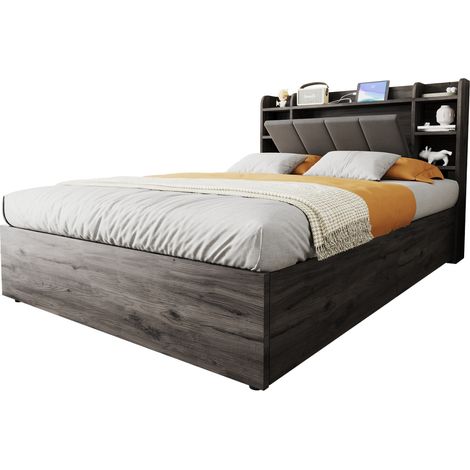 Letto Contenitore 140 x 200 cm in MDF, Matrimoniale con USB, Tape-C, Ripiani e Vano Nascosto, senza Materasso, Grigio (1/5)
