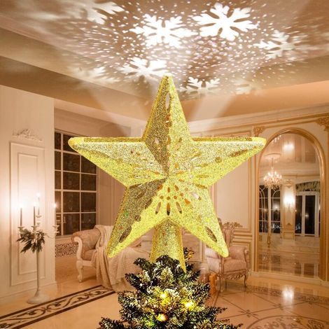 Étoile Topper de Noël Lumineuse 3D Rotative avec Projecteur LED Doré – Décoration Arbre Intérieur/Extérieur