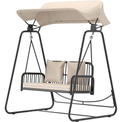Hollywoodschaukel Rattan 2-Sitzer Gartenschaukel mit verstellbar Sonnendach Kissen Hängebank bis 240 kg belastbar Hängeschaukel Schaukelbank für Garten Balkon 149 x 121 x 180 cm Khaki