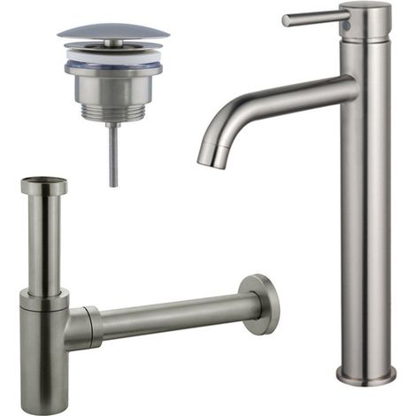 FugaFlow Eccelente Sobrado Kit mitigeur lavabo - robinet rehaussé - bonde nonobturable - siphon design - PVD Inox brossé (1/4)
