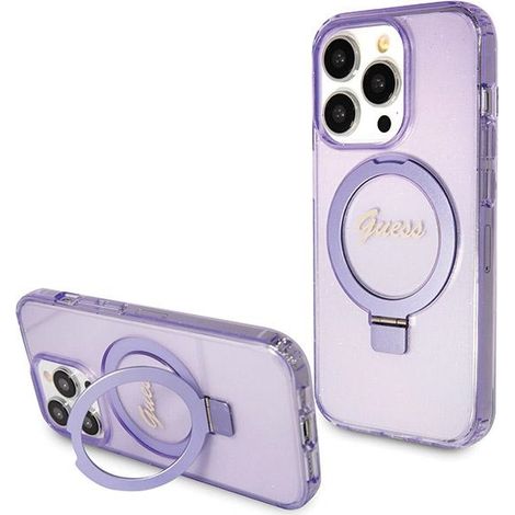 Guess GUHMP13LHRSGSU iPhone 13 Pro / 13 6.1" viola/custodia rigida viola con anello di supporto e scritta glitterata MagSafe (1/5)