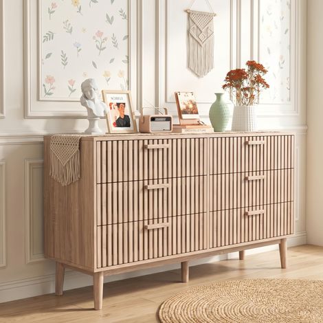 Commode Bois Massif Naturel 100 cm - 6 Tiroirs de Rangement avec Poignées en Bois - Style Scandinave pour Chambre