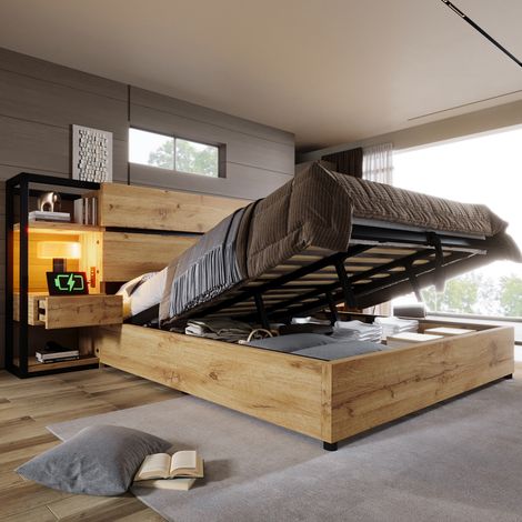 Cama con almacenamiento180×200 cm con cajones y puerto de carga USB tipo C Cabecero de madera color roble (Con colchón ) (1/5)