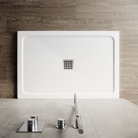 ELEGANT Modern Rectangular Shower Tray SMC Slate Texture Non-slip Design Shower Enclosure Tray, Stainless Steel Cover, White 1200x800mm + Free Waste Trap