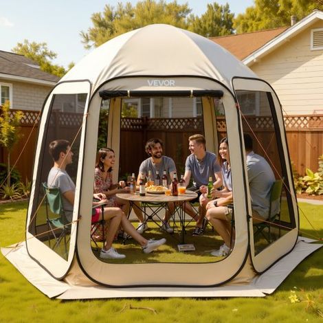 Carpa Plegable, 3030 x 2650 x 2300 mm, 4-8 Personas, con Mosquitera, Bolsa de Transporte, Laterales de Malla y Estacas para el Suelo, para Jardín, Patio y Actividades al Aire Libre, Beige (1/5)
