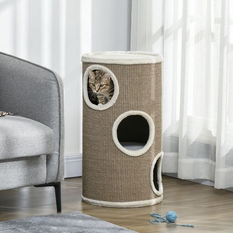 Chatterie pour Chats à 3 Niveaux avec Griffoir en Sisal et Peluche, Ø38x70cm, Marron (1/5)