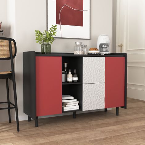 URBAN MEUBLE Buffet de rangement moderne noir rouge et blanc 120x40x80cm (1/5)