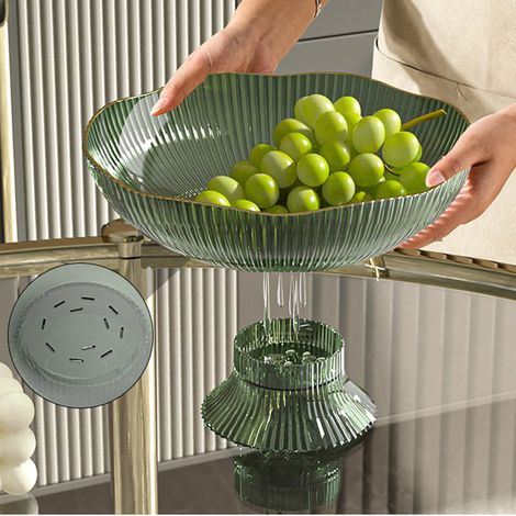 Plateau à fruits en plastique vert avec trou d'égouttage et base amovible, idéal pour le salon ou la table basse. (1/5)