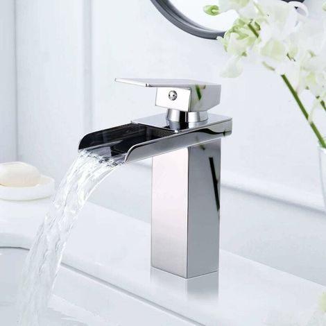 Wasserfall-Badezimmerarmatur, Chrom-Waschtischmischbatterie, extra breit 6 cm, Kalt- und Warmwasser verfügbar, Edelstahl, Keramikventil, Badarmaturen in modernem Design (1/5)