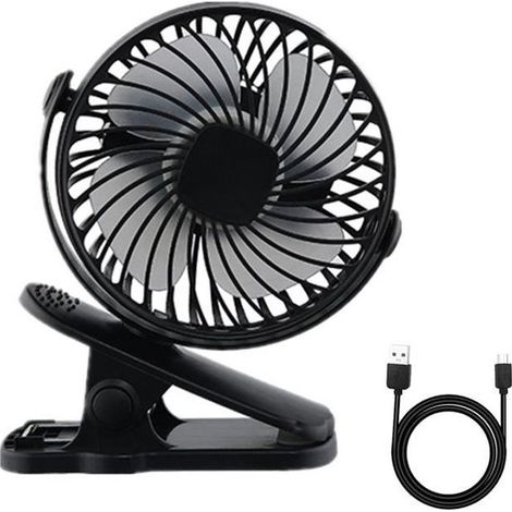 Leiser Clip-Ventilator, USB-aufladbar, 360° drehbar, ideal für Kinderwagen und Camping