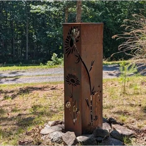 Columna de jardín rústica de metal oxidado con forma de hada y hongo, decoración para exteriores e interiores con recortes florales (1/5)