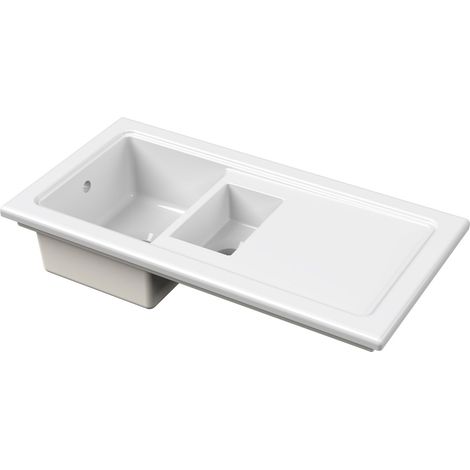 101cm Inset Counter Top 1.5 Bowl Fireclay Ceramic Kitchen Sink with Plain Drainer - White