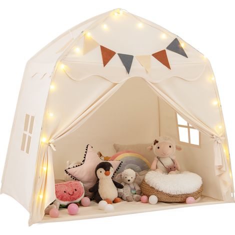 Tente de jeu enfant beige extra grande avec guirlande lumineuse, fanions et 2 fenêtres, pour chambre, jardin et pique-nique (1/5)