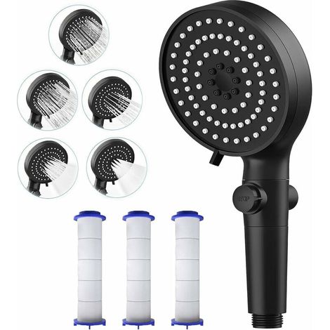 Pommeau de Douche avec 3 Filtres (Bouton Arrêt +5 Mode Jet Réglable), Pommeau de Douche Anti Calcaire, Pommeau de Douche à Haute Pression Economie d’eau, Pression d'eau Bien Pour Se Laver Les Cheveux (1/4)