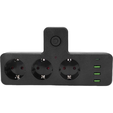 Multiprise multifonction avec interrupteur : 3 prises secteur, 3 ports USB et 1 port USB-C. Idéale pour la maison, les voyages et les chambres d'étudiant. (1/5)