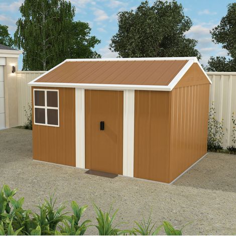 Abri de jardin métallique 3x2,4 m avec portes coulissantes verrouillables, ventilation, acier brun (1/5)