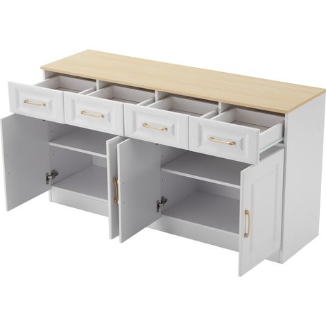 Credenza buffet 140 cm con 4 cassetti e 4 ante, bianco e rovere, in truciolare (1/5)