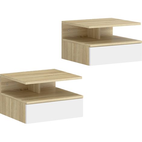 Set di 2 Comodini Sospesi 35x32x22,5 cm con Cassetto e Mensola Aperta Rivestimento in Melamina Bianco e Rovere (1/5)
