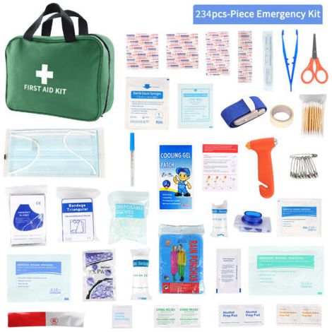 36 trousses de premiers secours différentes, contenant chacune 234 pièces, pour les familles en plein air, vertes. (1/3)