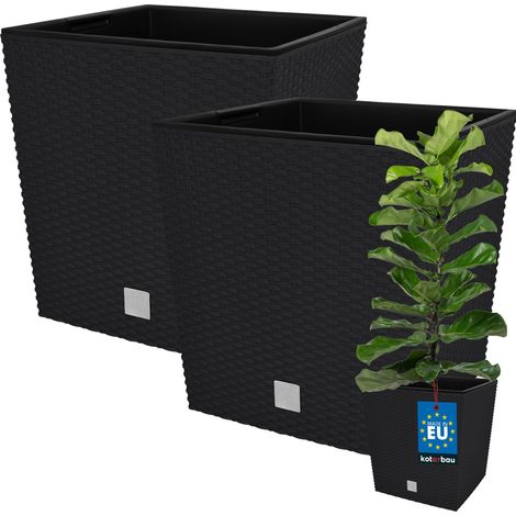 KOTARBAU® Kotarbau® Pot de Fleur Exterieur 32 x 32 cm - avec Insert Intérieur Lot de 2 - Pot Plastique Plante 32 L - Pot de Fleur Carré - Aspect Rotin - Anthracite (1/5)