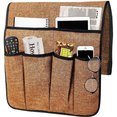 Sac de rangement pour accoudoir de canapé en coton et lin avec de multiples poches, idéal pour ranger télécommandes, magazines et autres objets. (1/5)