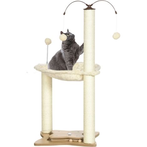 Beige Cat Tree with Scratching Posts, Cozy Hammock, and Interactive Toy Ball for Playful Cats (1/5)