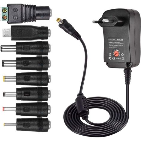 Chargeur Universel 30W Adaptateur Secteur Universel AC à DC 3V 4.5V 5V 6V 7.5V 9V 12V 1A 2A Transformateur d'alimentation à Découpage avec 8 Connecteurs DC pour électroniques Ménagers, 2000mA Max (1/5)
