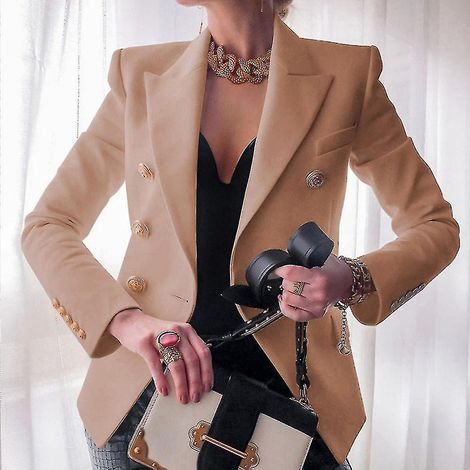 Veste courte de tailleur pour femme, couleur unie, idéale pour le travail et les déplacements quotidiens - Taille S - Kaki (1/4)