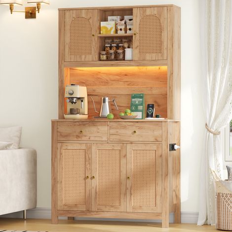 Mueble de cocina, armario alto con iluminación LED y enchufes, despensa con 5 puertas de ratán y 2 cajones para salón y comedor, 100 × 40 × 180 cm (1/5)