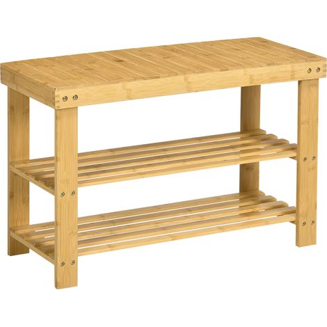 HOMCOM Scarpiera Bassa in Bambù con Panca e 2 Ripiani a Doghe 70x28x45 cm