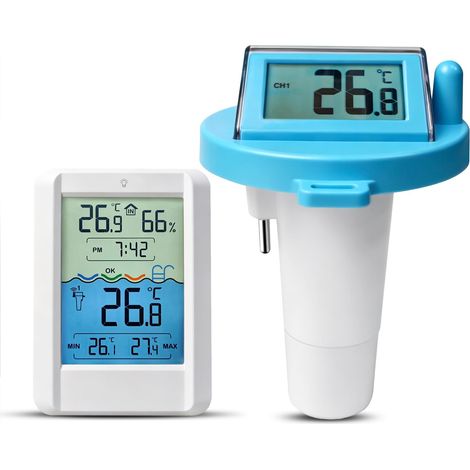 Thermomètre de piscine solaire sans fil numérique flottant IP68 avec sonde intérieur/extérieur pour piscine, jacuzzi, étang, aquarium, bassin et spa (1/5)