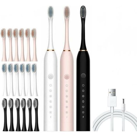 Brosse à dents électrique sonique rechargeable, 5 modes, pour enfants et adultes, 6 têtes de brosse, USB, noire-AquaForge
