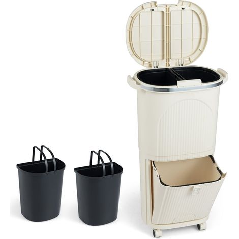 Poubelle de 38 L avec 2 seaux amovibles et couvercle, beige (1/5)