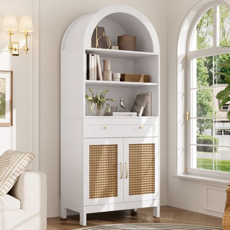 MODFU – Credenza vetrina 70x40x170 cm con ante stile rattan, cassetto e 3 nicchie aperte – Bianco/legno (1/5)
