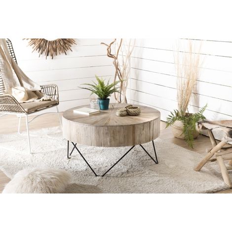 Macabane – Table basse ronde 90x90cm en teck naturel – Pieds épingles en métal noir – Meuble d'intérieur et extérieur sous abri (1/5)