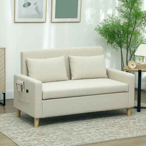 Sofá de 2 Plazas Tapizado en Lino Sintético con Espacio de Almacenaje 2 Almohadas y Patas de Madera 135x71x84 cm Beige (1/5)