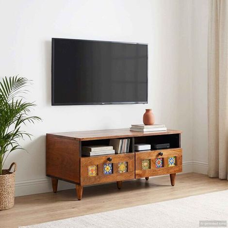 Meuble TV Noyer 70 x 33 x 46 cm Bois de mangue massif, design moderne pour salon (1/5)