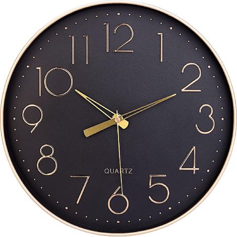 Horloge murale noire de 30,5 cm, silencieuse, sans tic-tac, chiffres arabes, horloge murale ronde décorative pour salon, chambre, cuisine (pile non incluse), chiffres dorés (1/4)