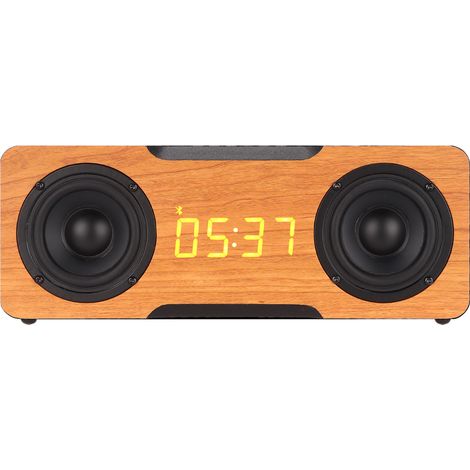 Bluetooth-Lautsprecher aus Holz mit Digitaluhr, Bluetooth-, AUX- und Speicherkartenwiedergabe kompatibel, integrierte Beleuchtung, Walnussoptik. (1/5)