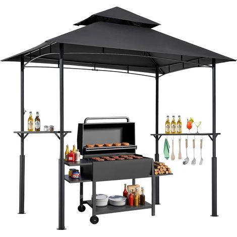 Gazebo de Barbecue, 243 x 150 cm, Tonnelle de BBQ Extérieur Renforcée avec Toit à 2 Niveaux, Abri de Barbecue de Patio en Acier Thermolaqué, pour Grillades, Fêtes, Pique-niques, Jardin, Patio (1/5)