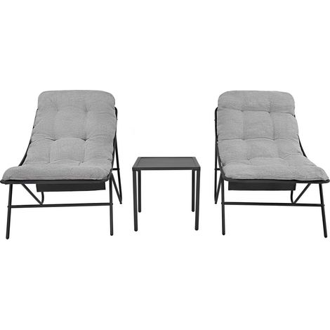 Conjunto de Jardín 3 Piezas Gris con 2 Sillones Lounge, Cojines Gruesos de 10 cm, Mesa Auxiliar, Estructura de Acero y Funda para Terraza, Patio y Balcón