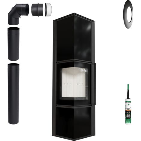 Eckkaminofen KRATKI TORA 8 kW ∅150 Schwarzes Glas Zubehör & Tür (1/5)