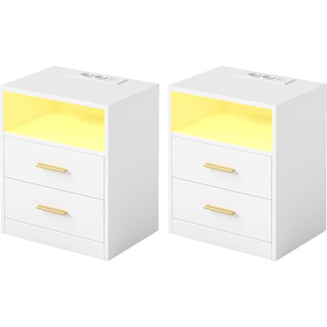 Lot de 2 Tables d’Appoint Modernes avec Tiroirs, Lumières LED, Multiprises et Ports USB, pour Chambre, Blanc (1/5)