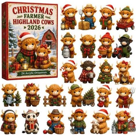 Boîte surprise de Noël, calendrier de l'Avent vache des Highlands, ornement acrylique style ferme, calendrier de compte à rebours de Noël (1/5)