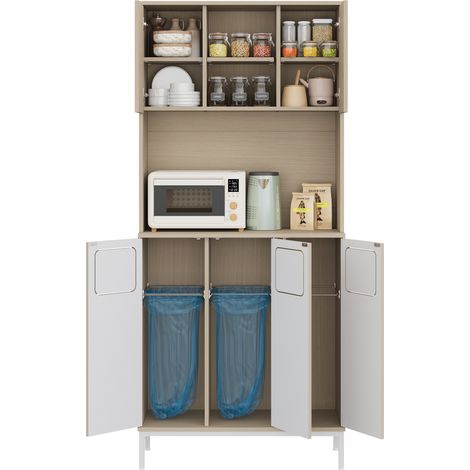 Armoire de cuisine 3 portes avec compartiment poubelle, finition bois clair et blanc, 80x35x181 cm (1/5)