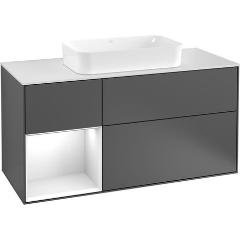 Finion, Muebles de baño, 1200 x 603 x 501 mm, Angular, con estantería (iluminada), modelo suspendido, En madera, lavabo en el medio, iluminación LED, 1x LED / 2.3W, 2700 K a 6480 K, Lacado Blanco Bril