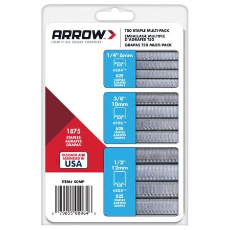 T50 Staples Multi Pack 6mm 10mm & 12mm Box 1875 (3 x 625) ARRT50SMP