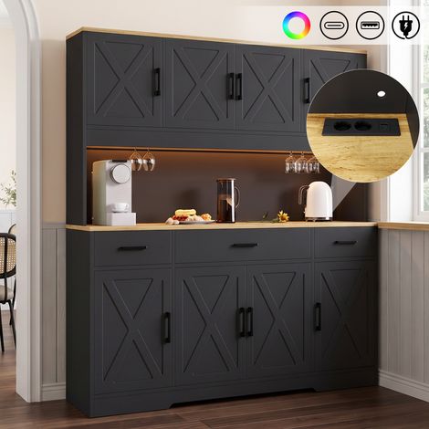 Aparador alto de comedor de 150 x 40 x 180 cm, con almacenamiento multinivel, 2 soportes para copas de vino, toma de corriente integrada y puertos USB-C y USB-A, con tira de luz de colores. (1/5)